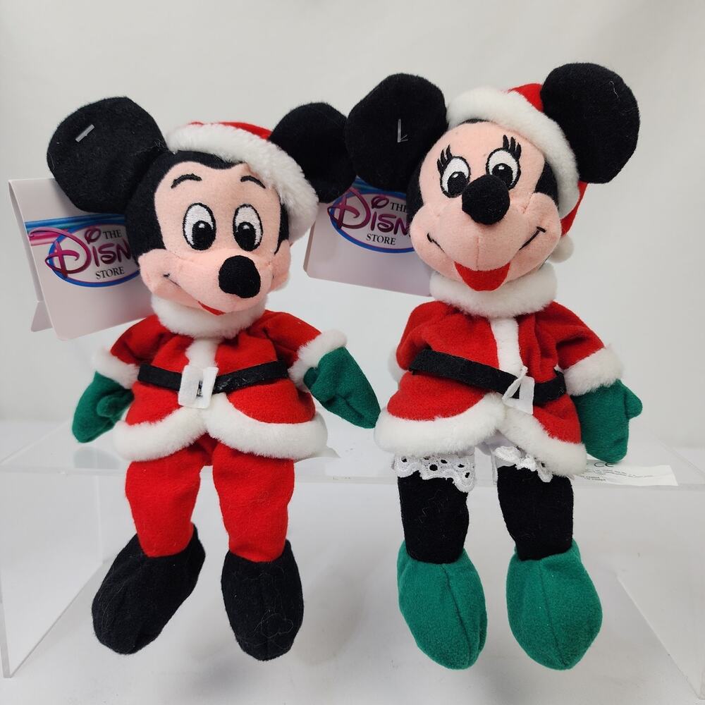 Vtg Disney Store Mickey & Minnie Mouse Santa Christmas Bean Bag Plushies NWTs